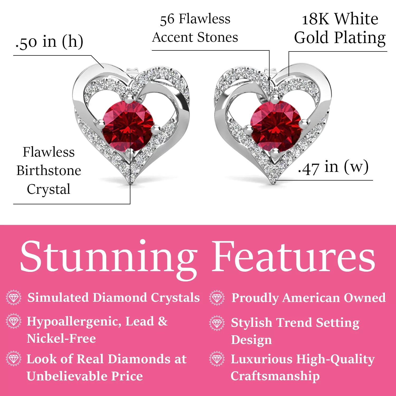 Forever 18k White Gold Plated Birthstone Double Heart Earrings with Crystals