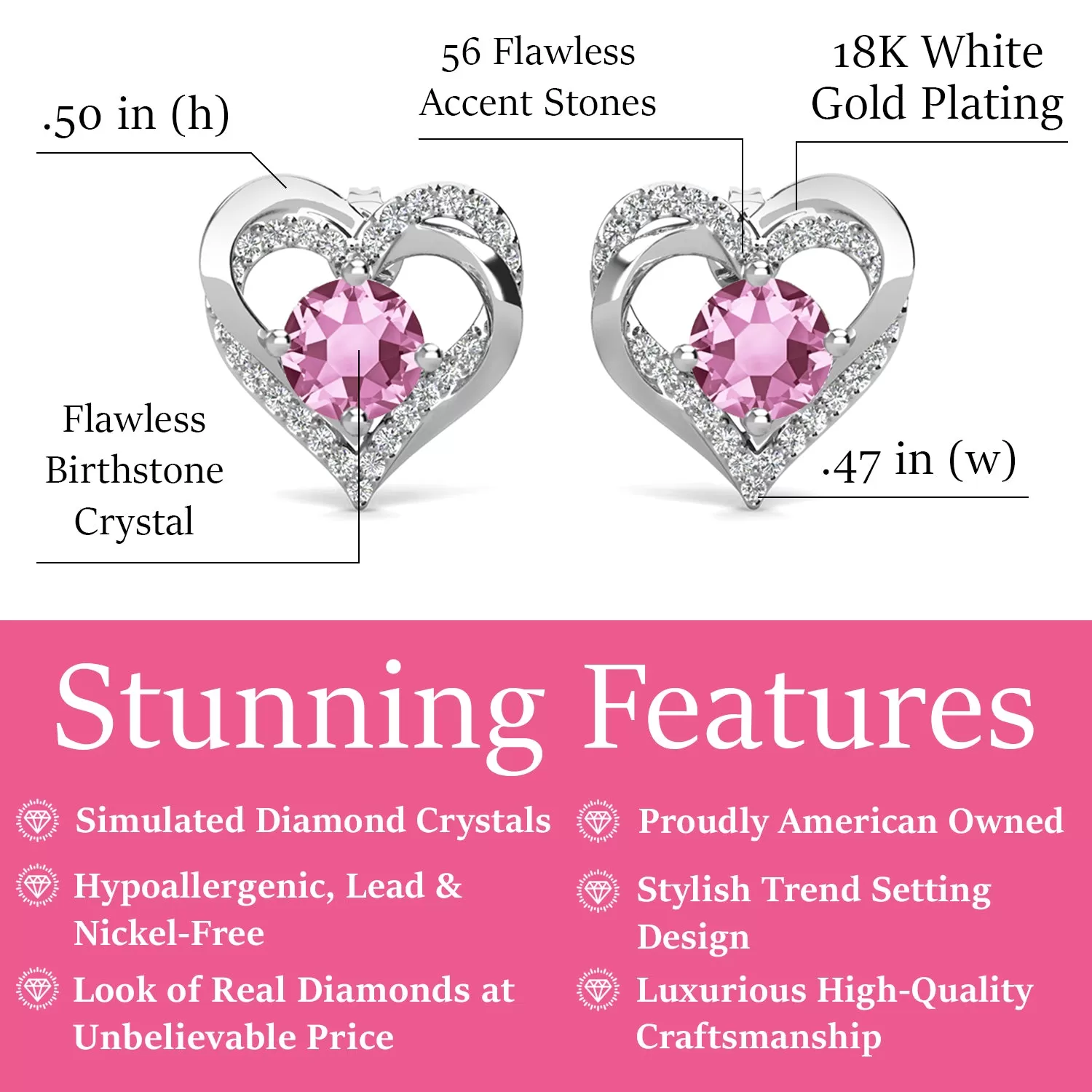 Forever 18k White Gold Plated Birthstone Double Heart Earrings with Crystals