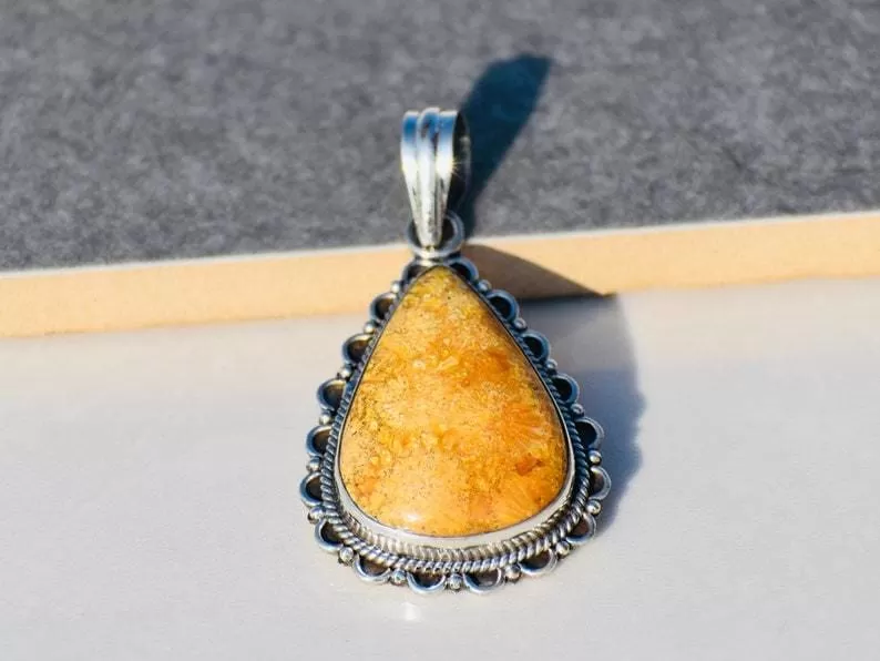 Fossil Coral Sterling Silver Fossil Gemstone Pendant,Handmade Jewelry,For her