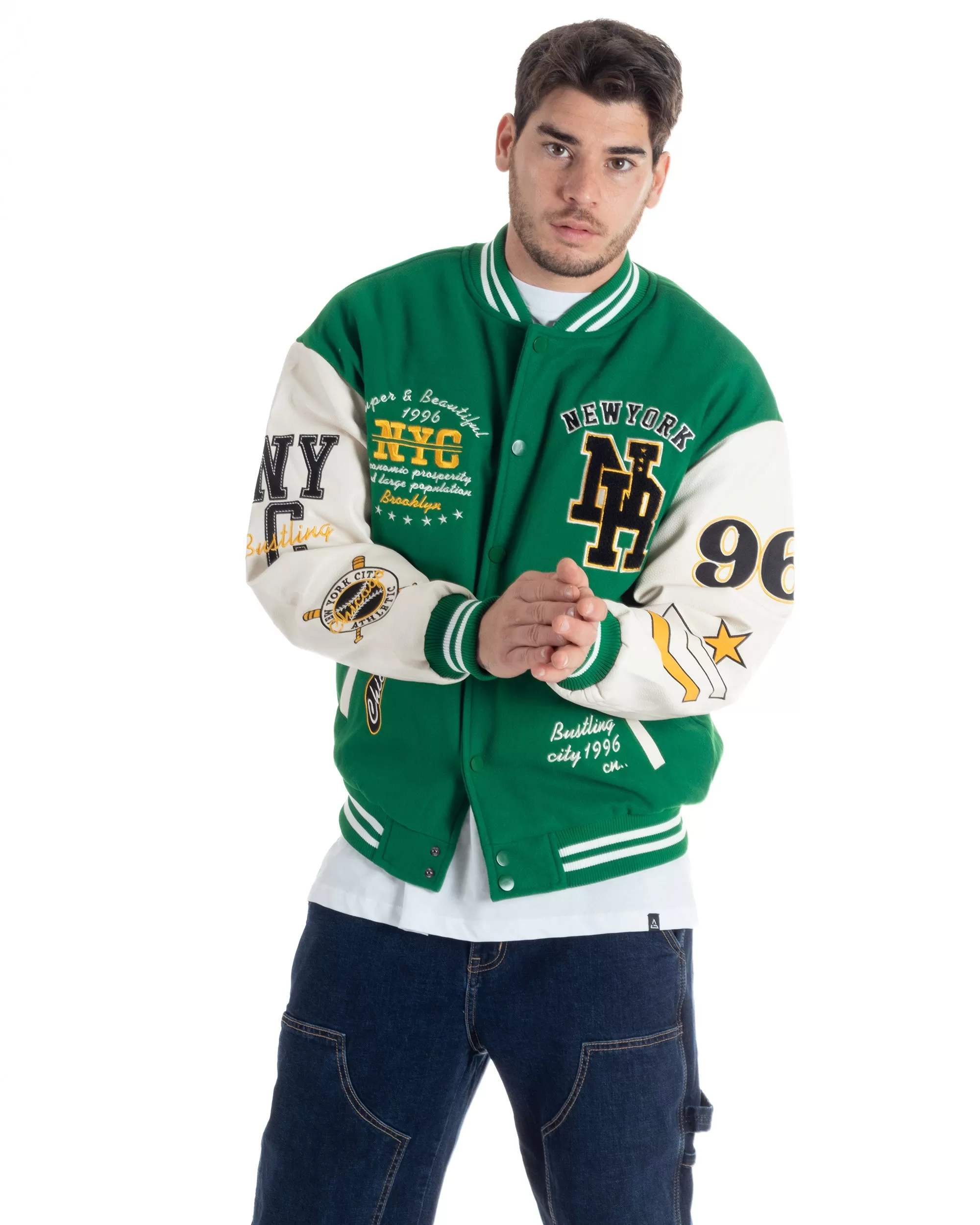 Giubbotto Uomo In Tessuto Panno College Varsity Con Patch Maniche Ecopelle Verde Bianco GIOSAL-G3136A