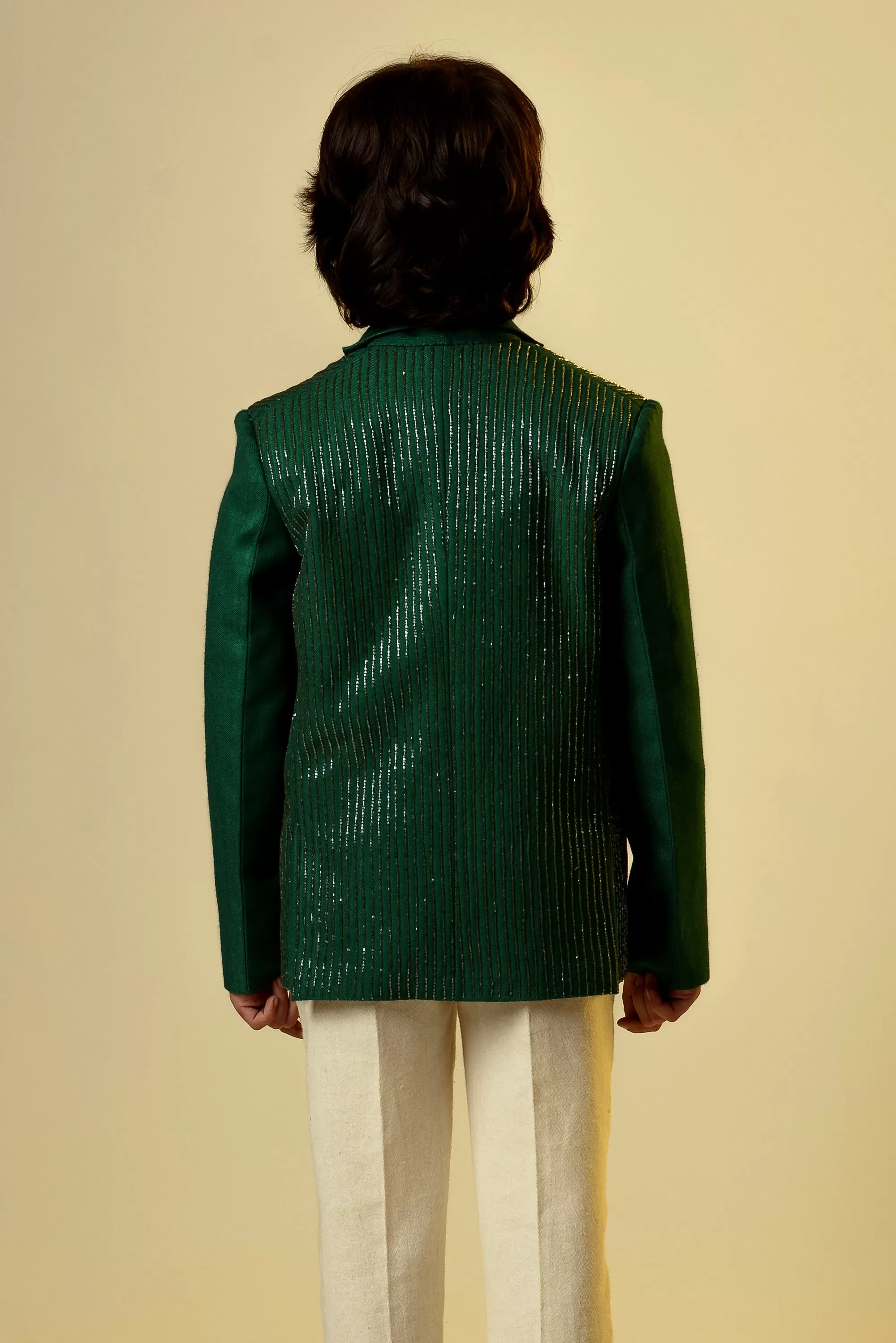 Green Eye- Embroidered Herringbone Organic Wool Blazer For Boys