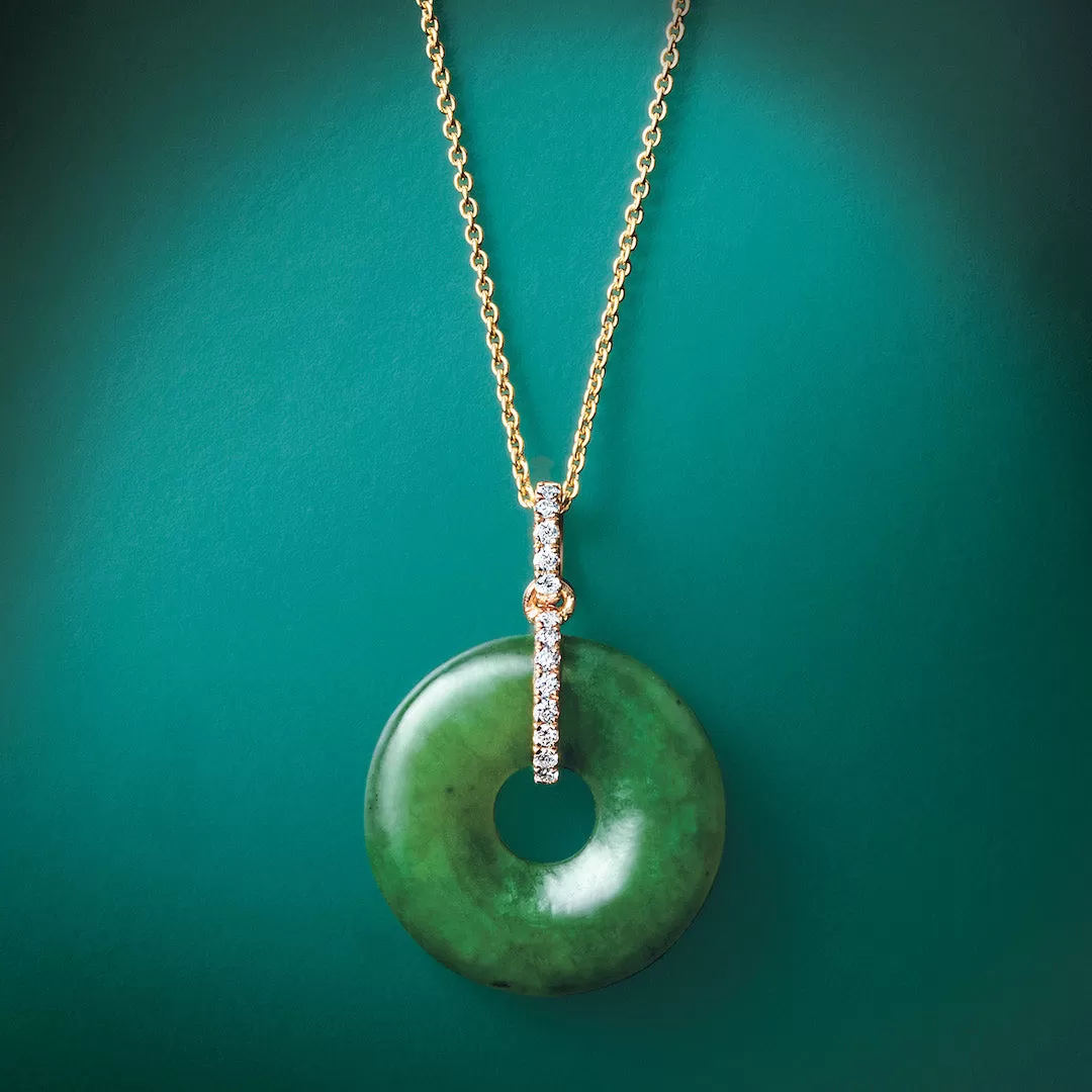 Green Nephrite Jade Pi & Diamond Pendant Necklace