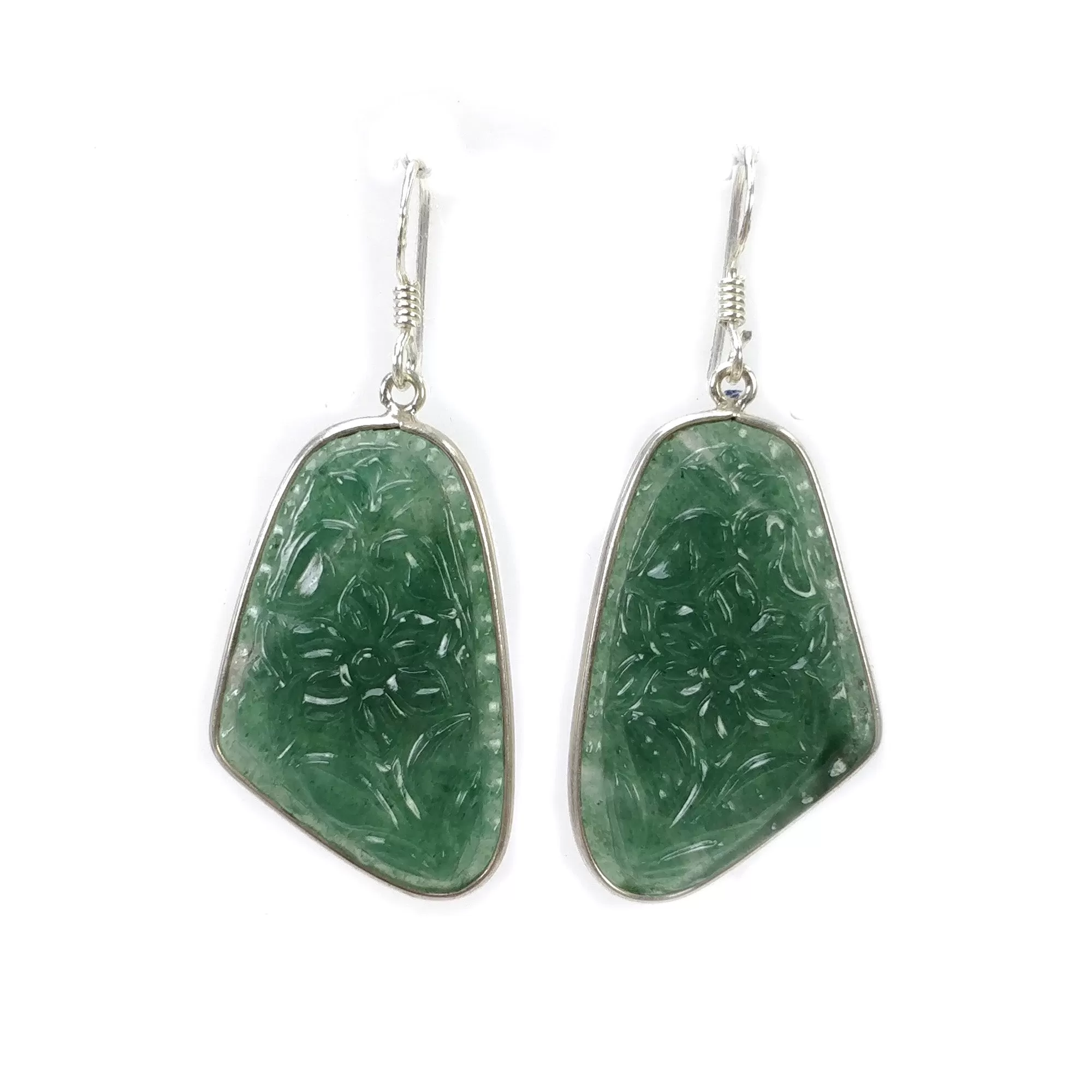 Green QUARTZITE Gemstone Earring : 9.54gms Natural 925 Sterling Silver Hand Carved Drop Dangle Bezel Set Hook Earring 2"