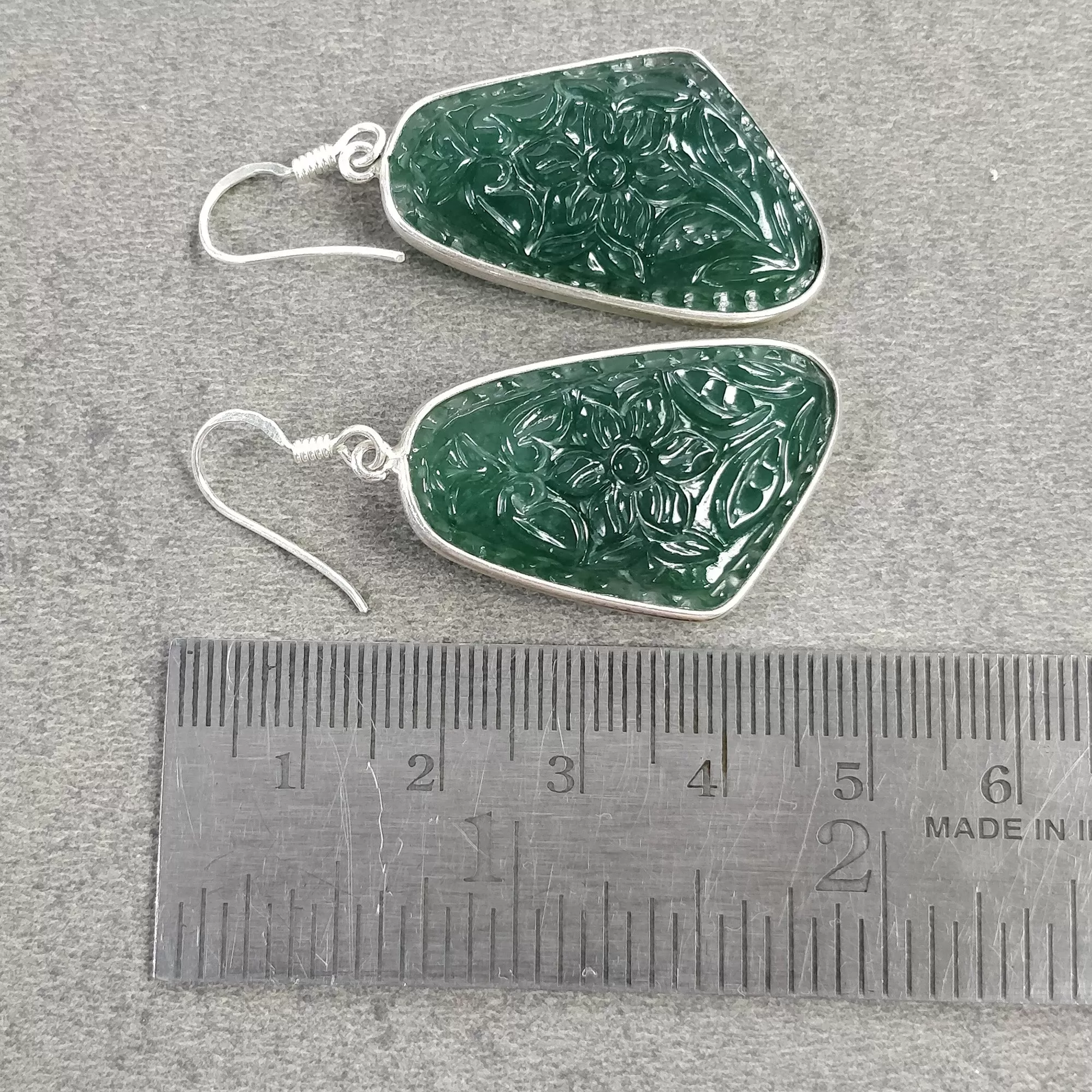 Green QUARTZITE Gemstone Earring : 9.54gms Natural 925 Sterling Silver Hand Carved Drop Dangle Bezel Set Hook Earring 2"