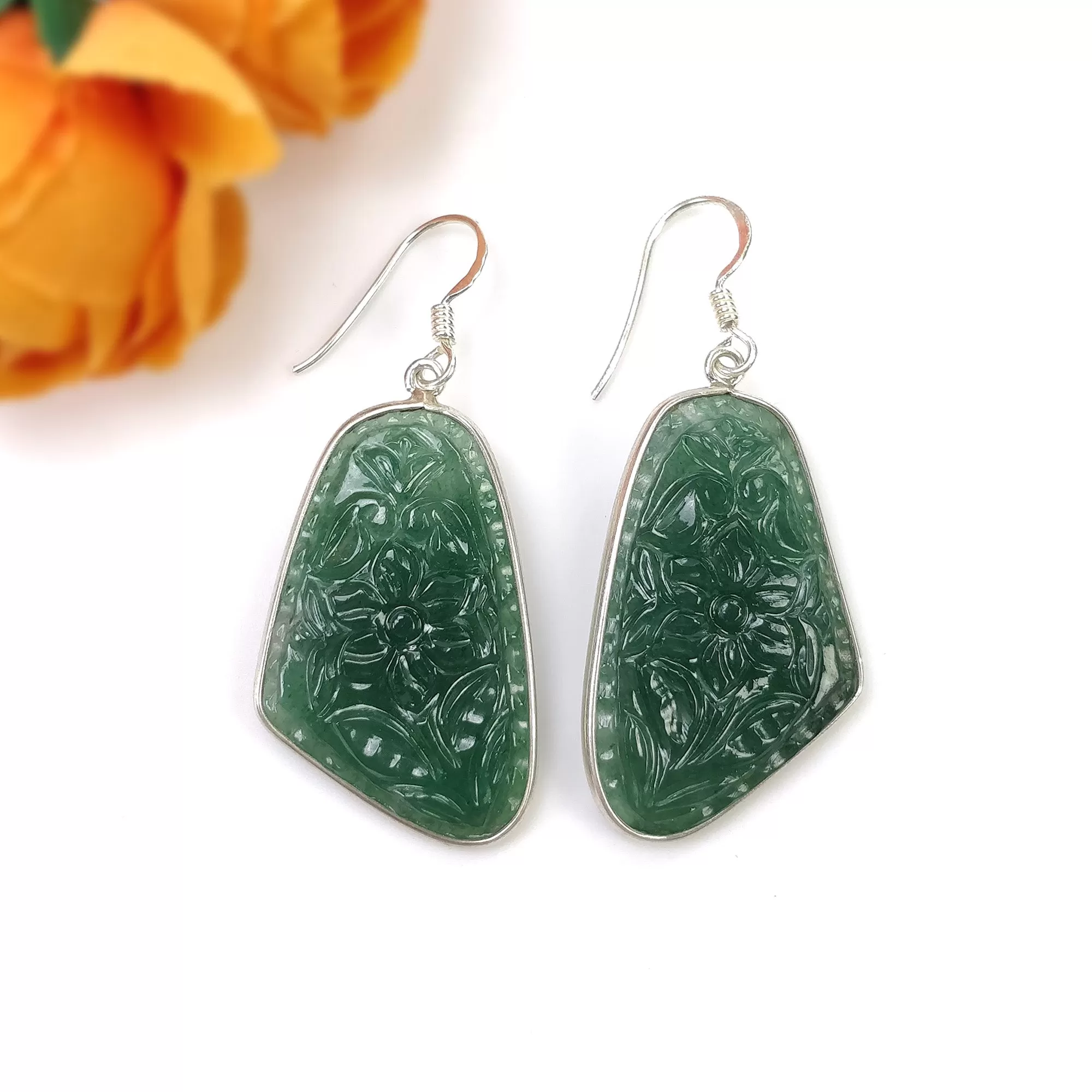 Green QUARTZITE Gemstone Earring : 9.54gms Natural 925 Sterling Silver Hand Carved Drop Dangle Bezel Set Hook Earring 2"