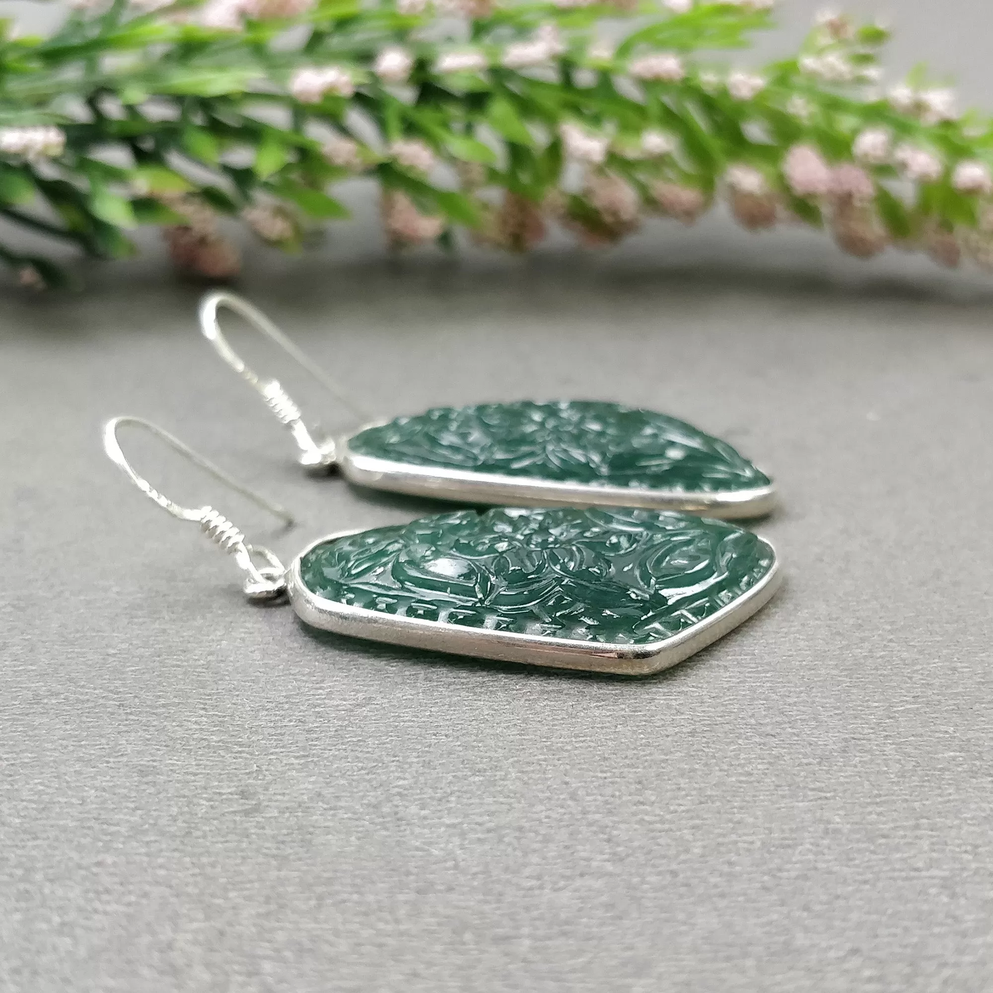 Green QUARTZITE Gemstone Earring : 9.54gms Natural 925 Sterling Silver Hand Carved Drop Dangle Bezel Set Hook Earring 2"