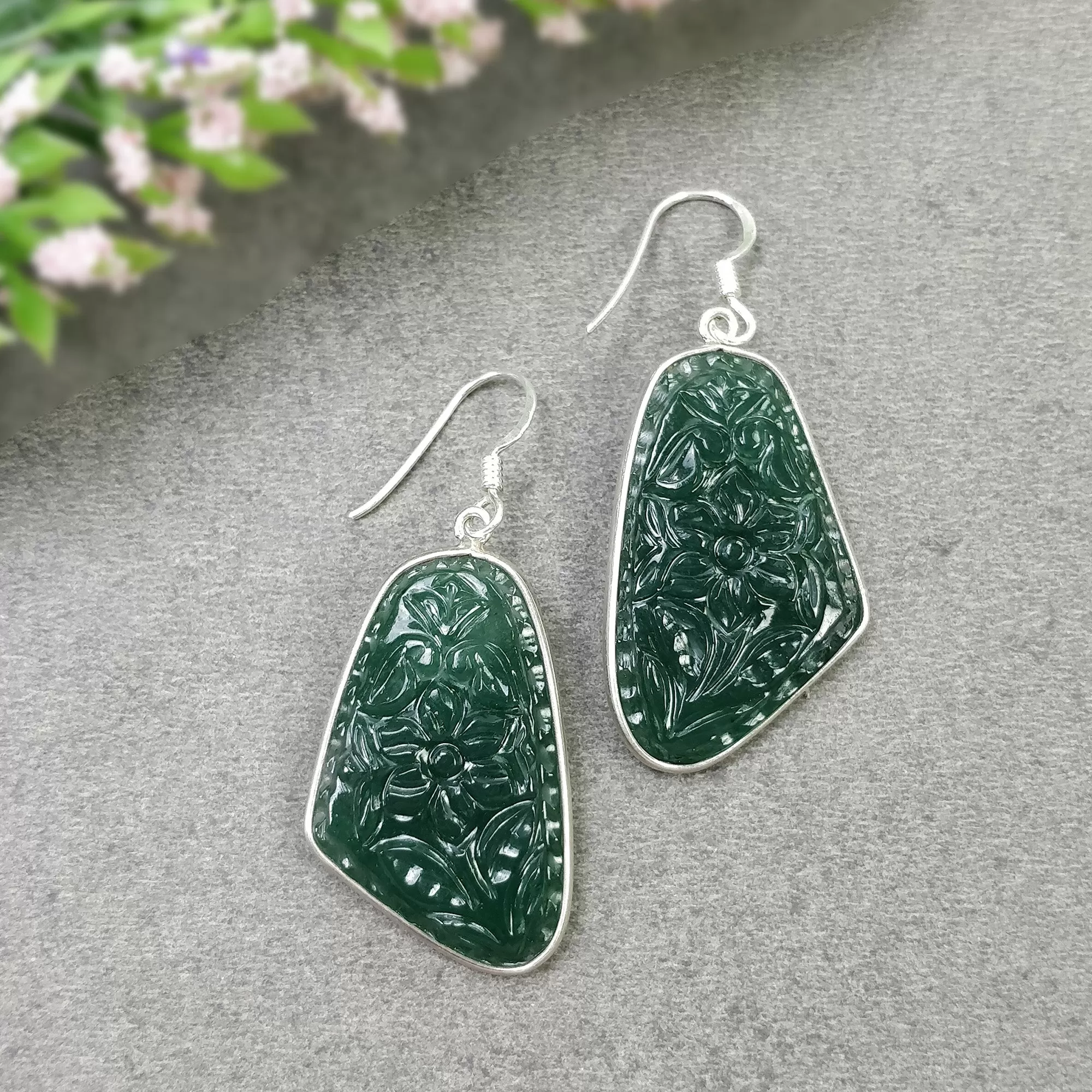 Green QUARTZITE Gemstone Earring : 9.54gms Natural 925 Sterling Silver Hand Carved Drop Dangle Bezel Set Hook Earring 2"