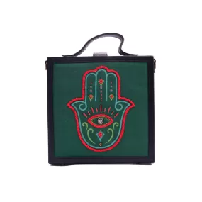 Hamsa green hand embroidered briefcase bag