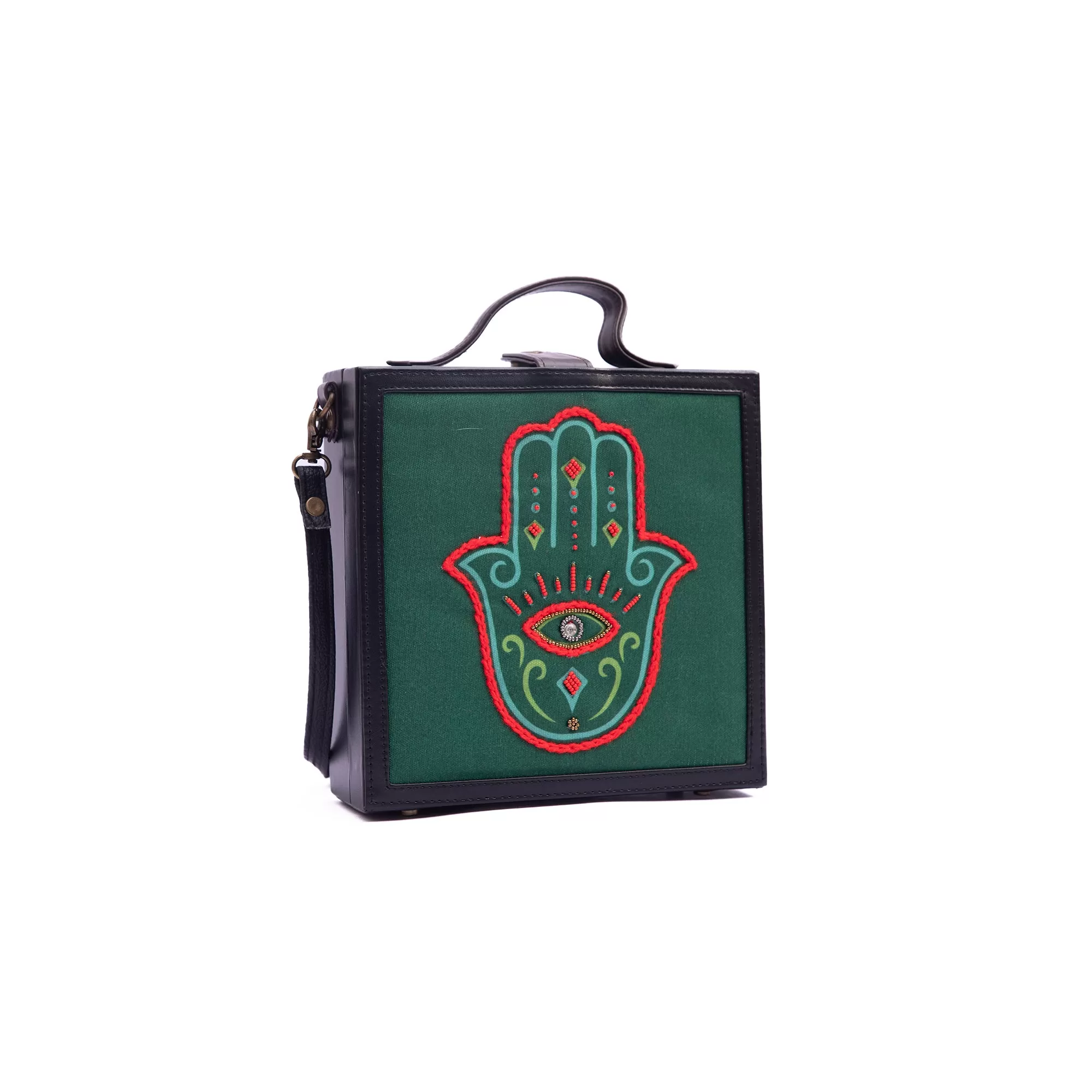 Hamsa green hand embroidered briefcase bag