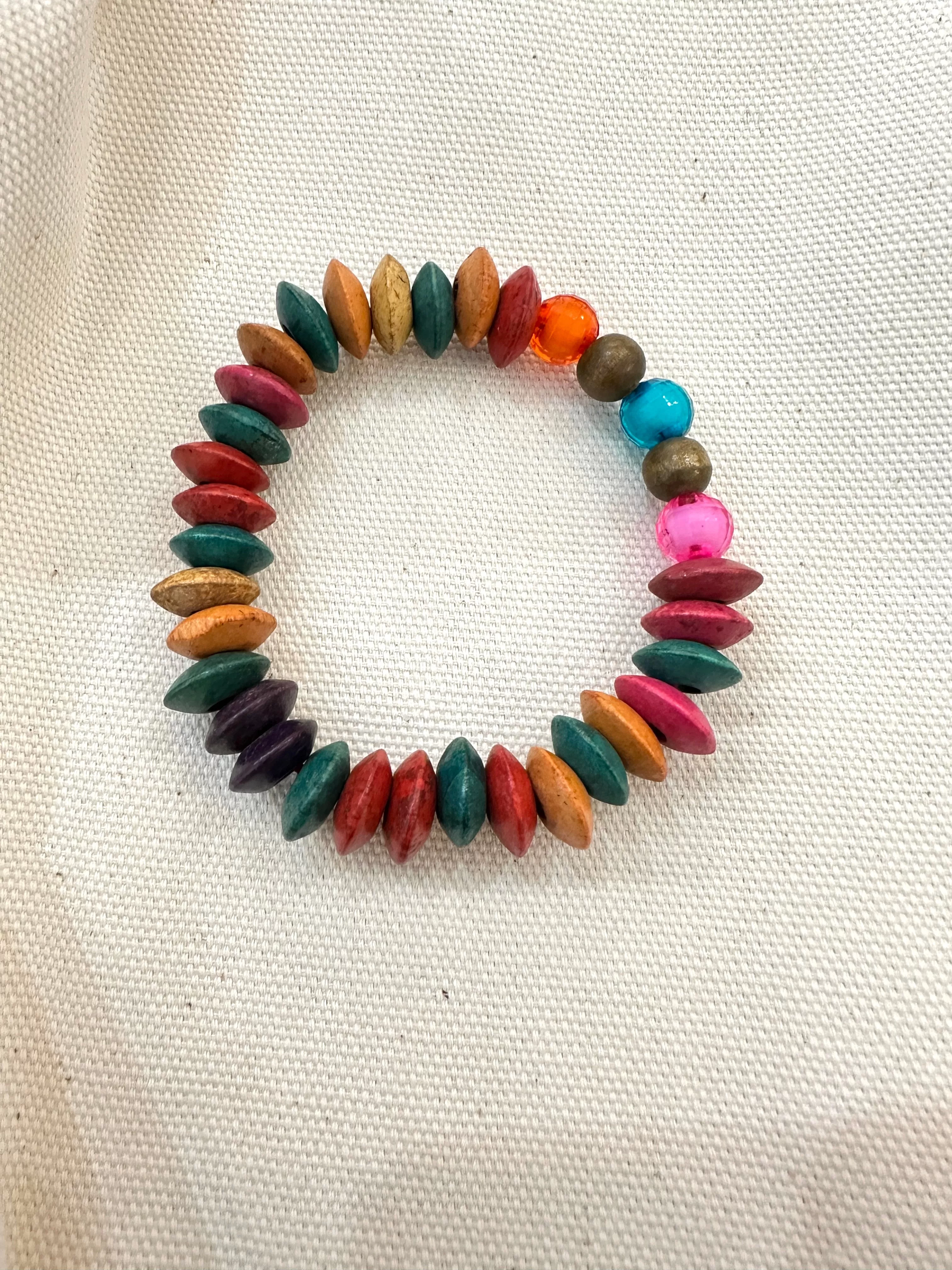 Handcrafted Colorful Wood Mixed Beaded Stretch Bracelet