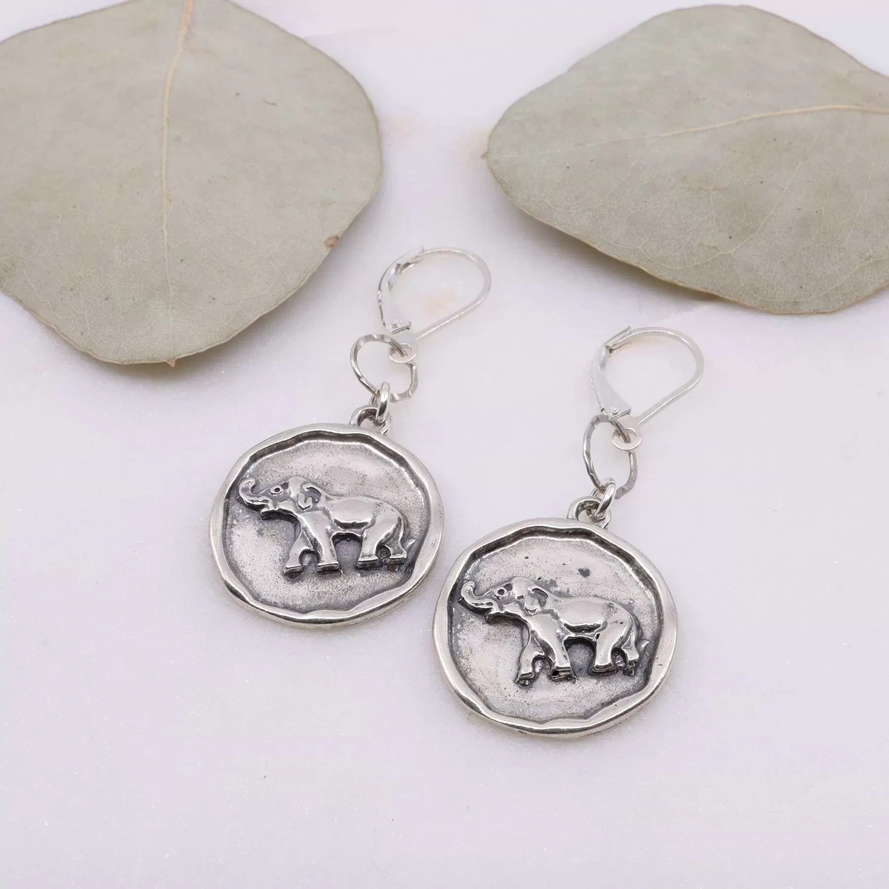 Happy Elephant Silver Coin Earrings