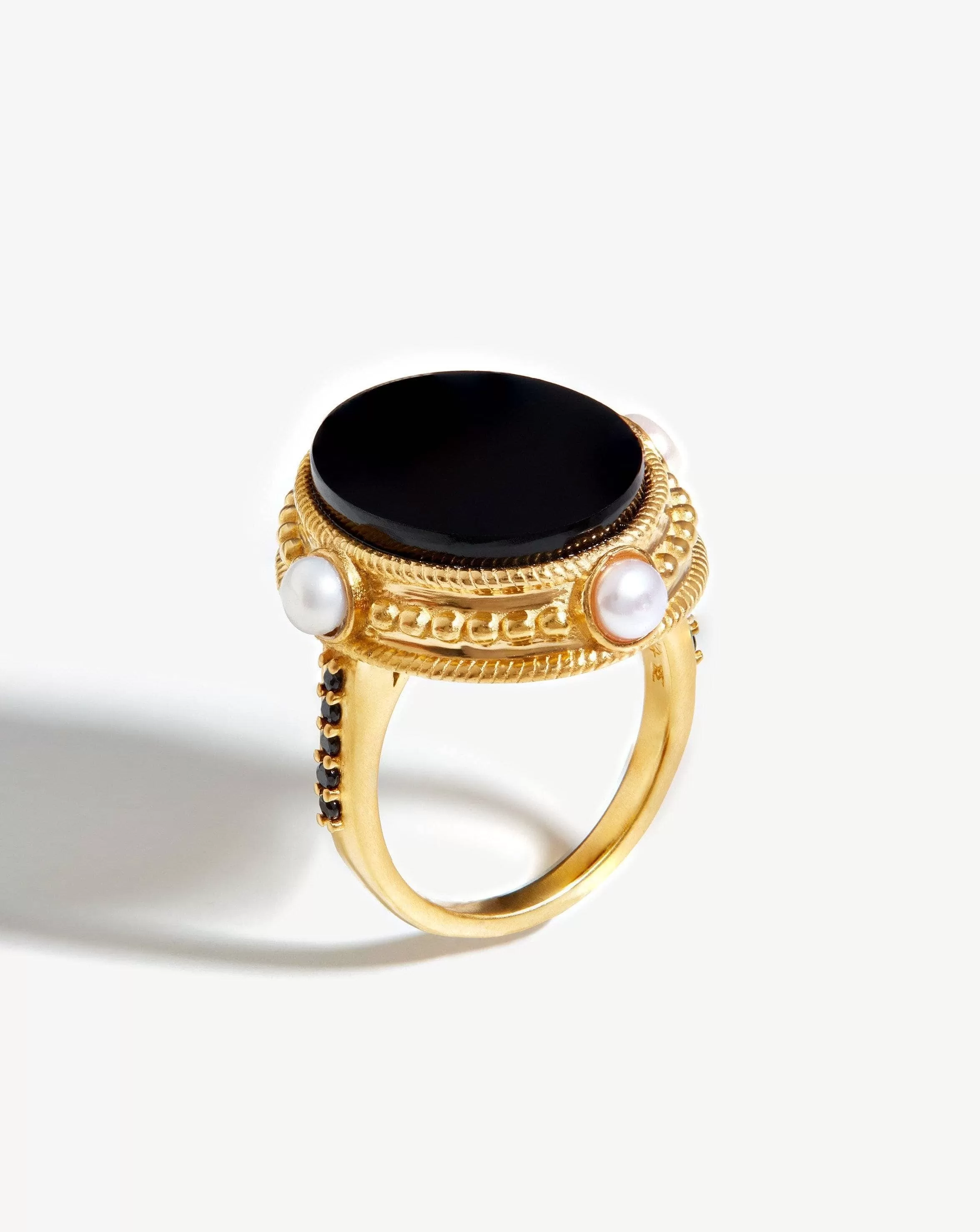 Harris Reed Golden Seal Ring | 18ct Gold Plated/Pearl & Black Onyx