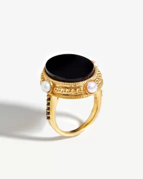 Harris Reed Golden Seal Ring | 18ct Gold Plated/Pearl & Black Onyx