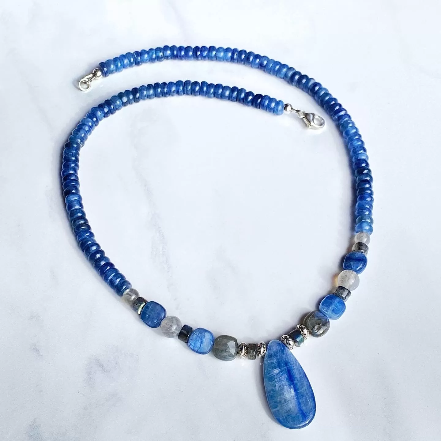 Kyanite, Labradorite gemstones, and Sterling Silver Necklace