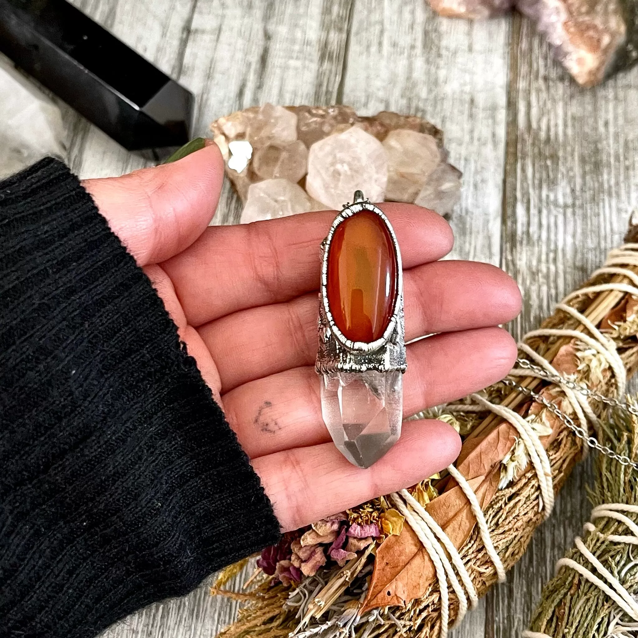 Large Raw Clear Quartz & Carnelian Crystal Statement Necklace in Fine Silver / Foxlark Collection - One of a Kind