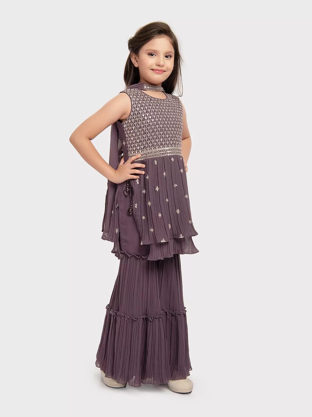 Lilac Coloured Embroidered Kurta with Salwar and Dupatta \ Gharara And Sharara For Girls