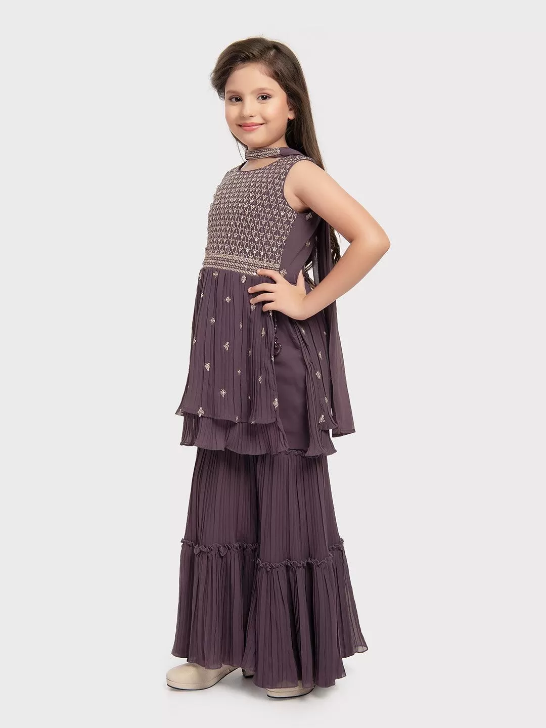 Lilac Coloured Embroidered Kurta with Salwar and Dupatta \ Gharara And Sharara For Girls