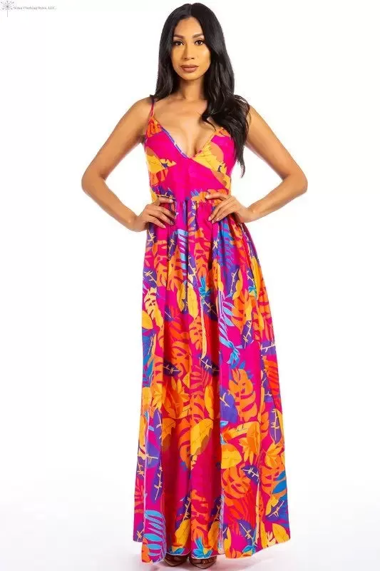 Maxi Dress Multicolor Fuchsia with Side Slit