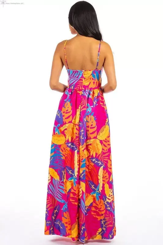 Maxi Dress Multicolor Fuchsia with Side Slit