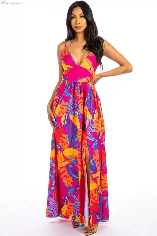 Maxi Dress Multicolor Fuchsia with Side Slit