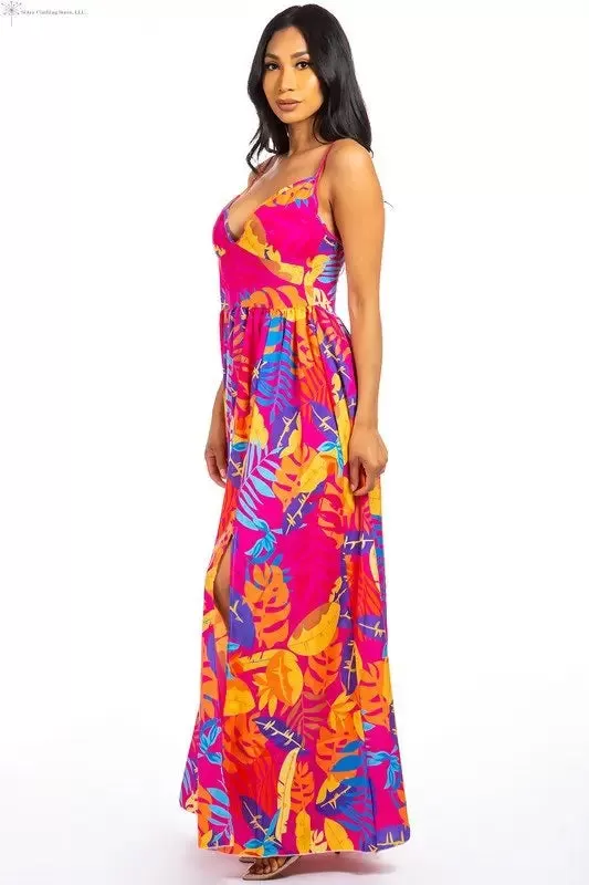 Maxi Dress Multicolor Fuchsia with Side Slit