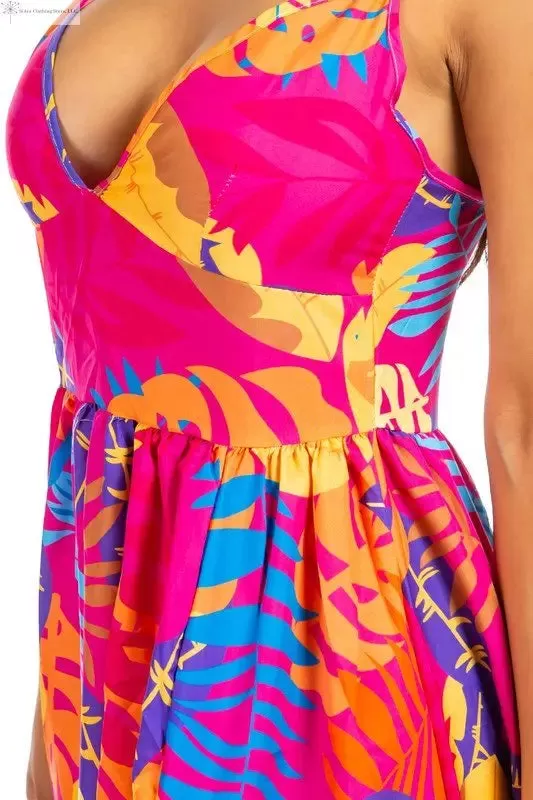 Maxi Dress Multicolor Fuchsia with Side Slit