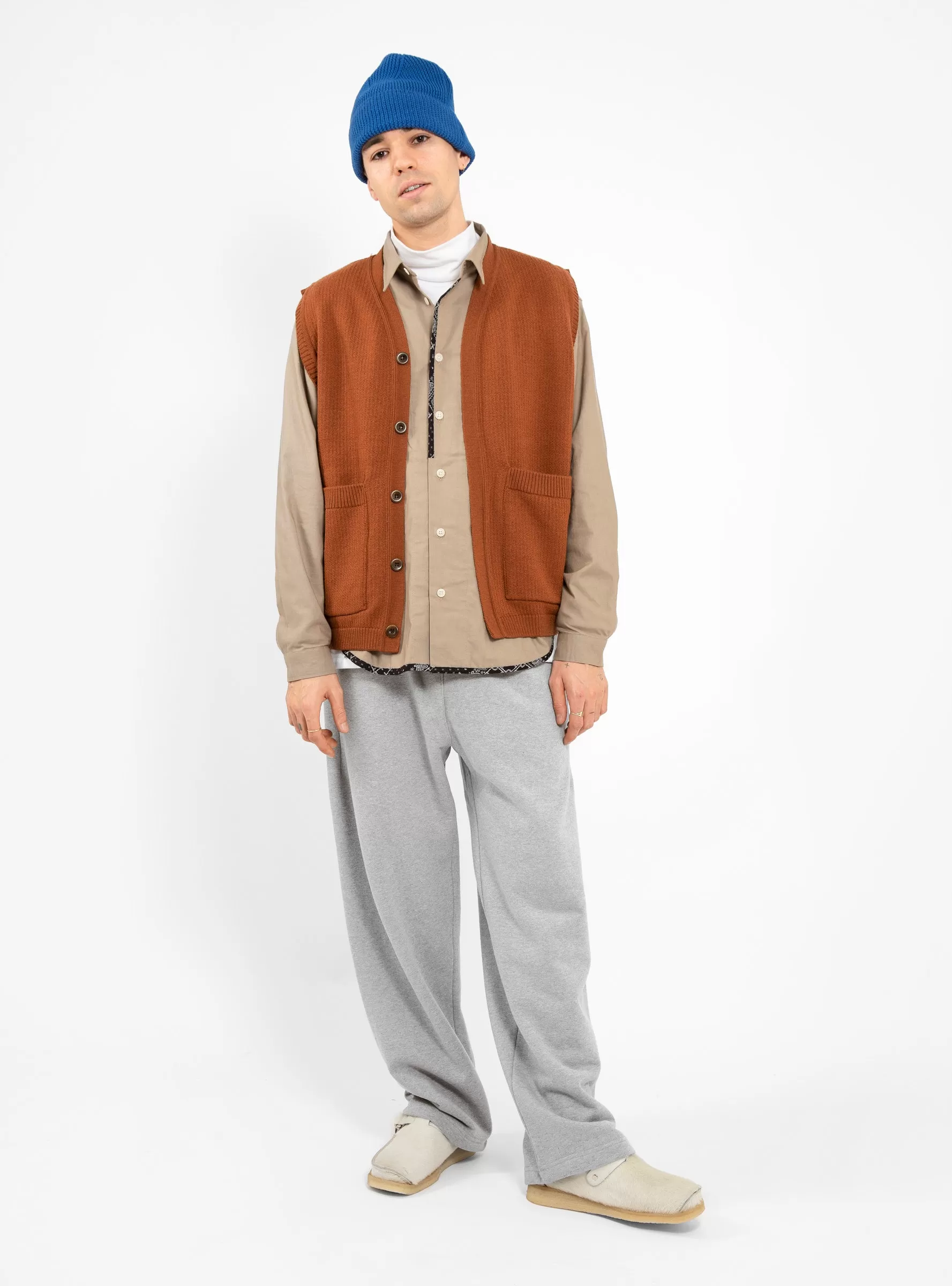 Merino Wool Button Vest Rust Brown