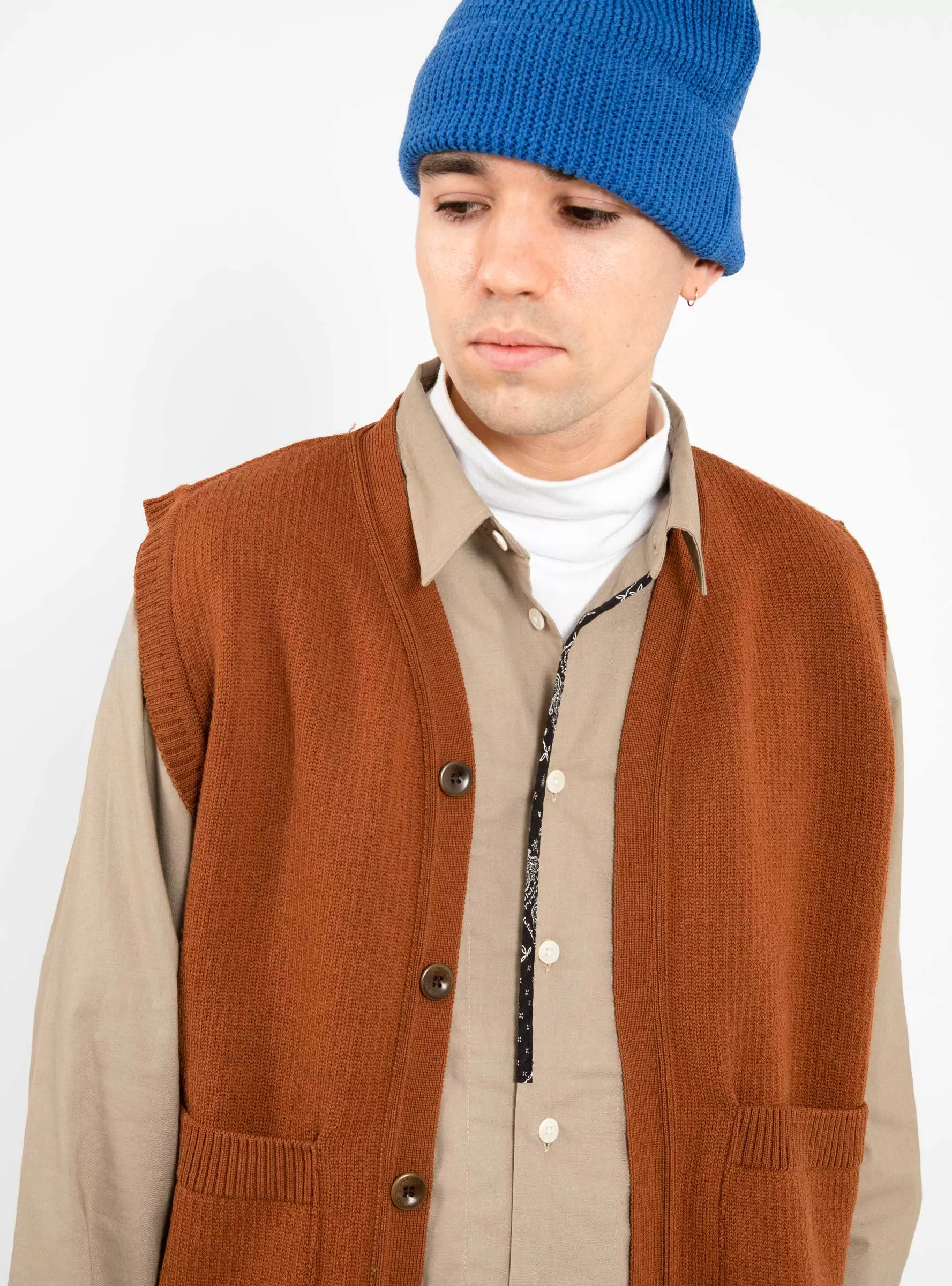 Merino Wool Button Vest Rust Brown