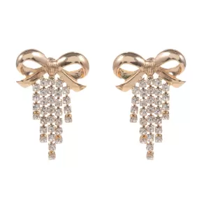 Metal Bow Rhinestone Fringe Earrings