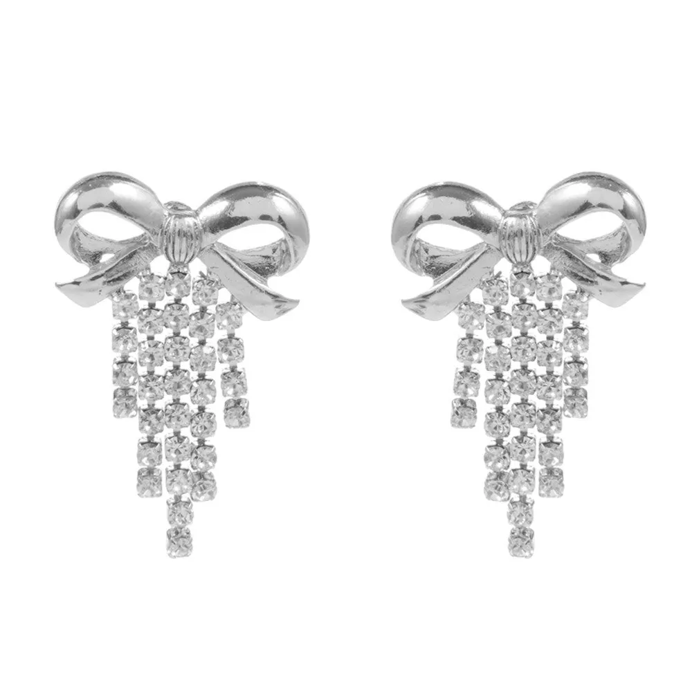 Metal Bow Rhinestone Fringe Earrings