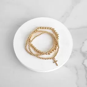 Minimal Cross charm Stretchy Bracelet Set in Gold tone with Ball Beads