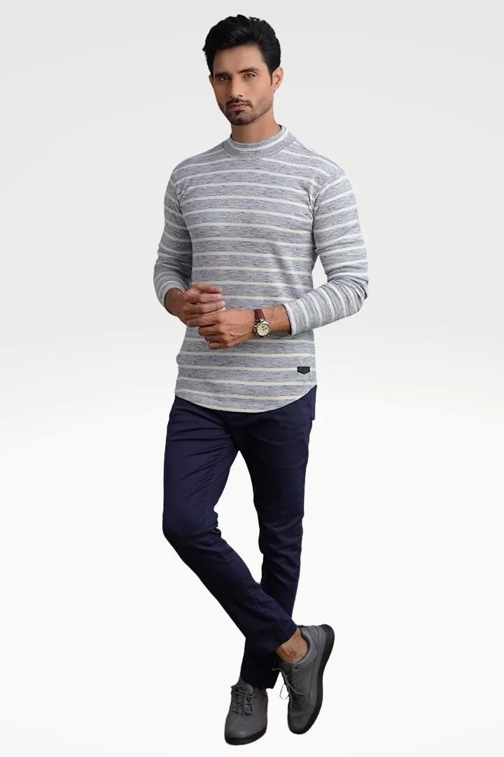 Misty Gray Mock Neck Striped Sweatshirt