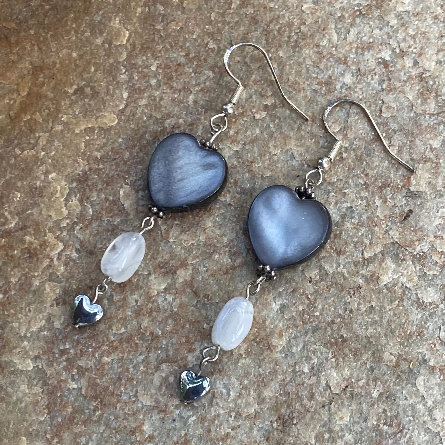 Mother of Pearl, Moonstone, Hematite, and Sterling Silver Drop Earrings