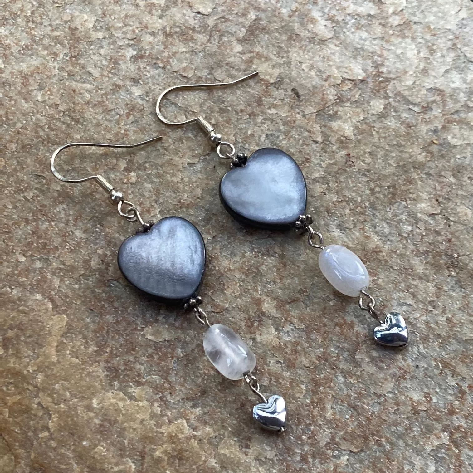 Mother of Pearl, Moonstone, Hematite, and Sterling Silver Drop Earrings