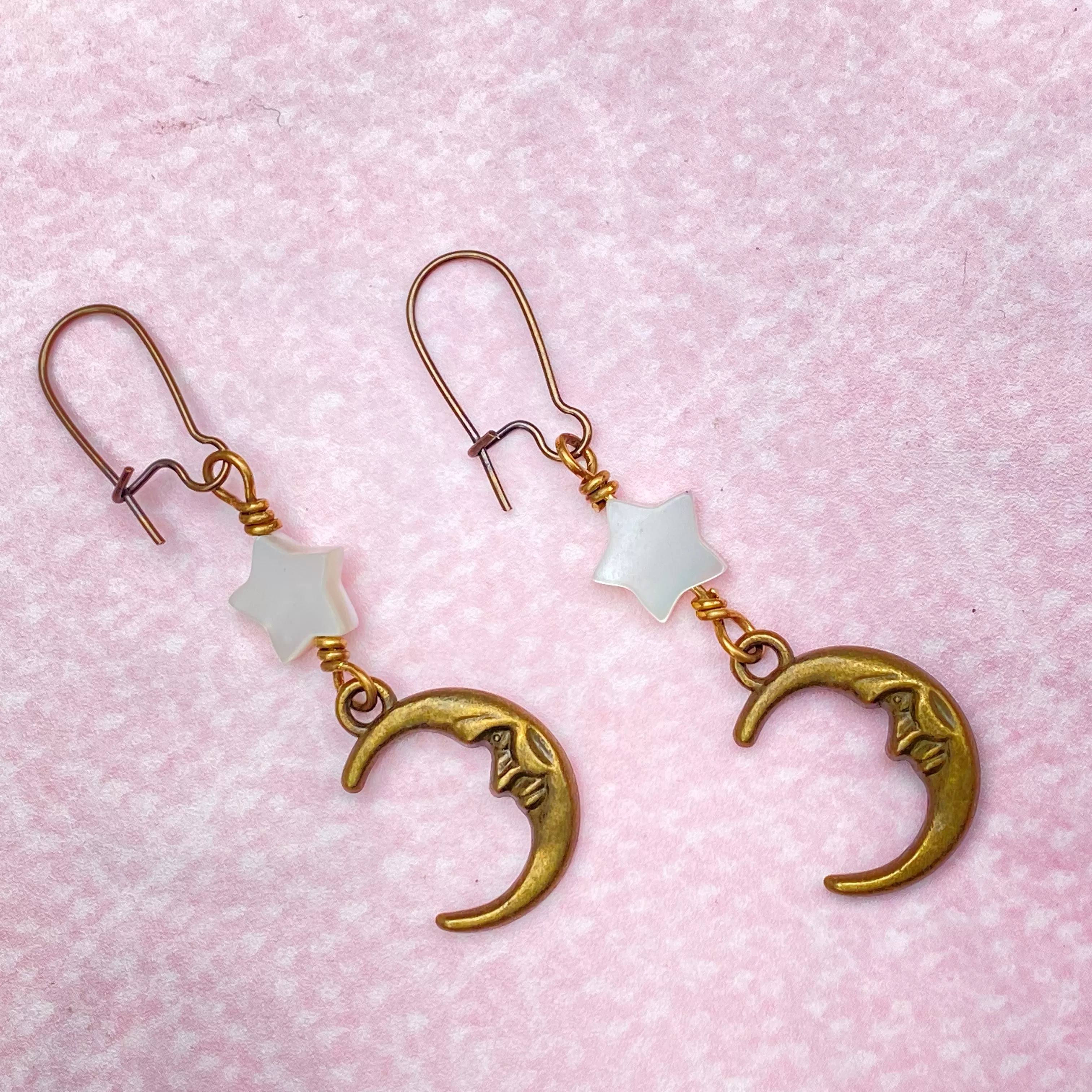 Mother of Pearl Stars with brass crescent Moon face Earrings