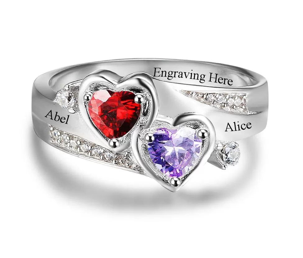 Mother's Ring 2 Birthstones with 2 Engraved Names 925 Sterling Silver