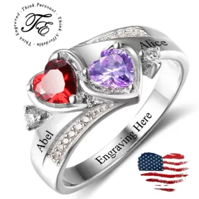 Mother's Ring 2 Birthstones with 2 Engraved Names 925 Sterling Silver