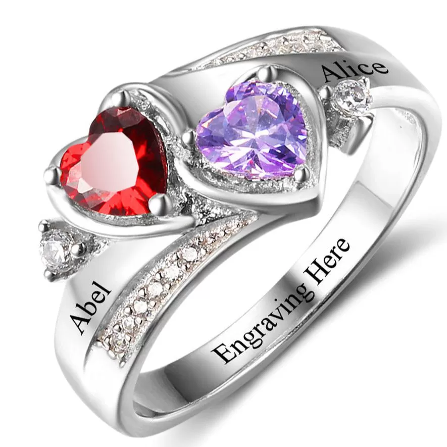 Mother's Ring 2 Birthstones with 2 Engraved Names 925 Sterling Silver