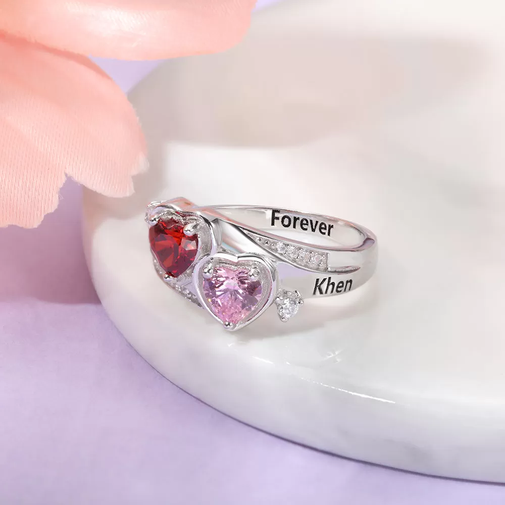 Mother's Ring 2 Birthstones with 2 Engraved Names 925 Sterling Silver