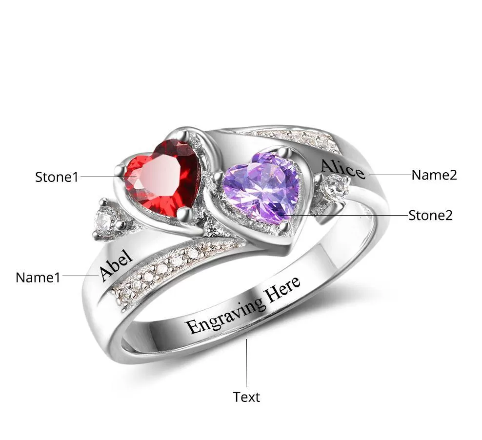 Mother's Ring 2 Birthstones with 2 Engraved Names 925 Sterling Silver