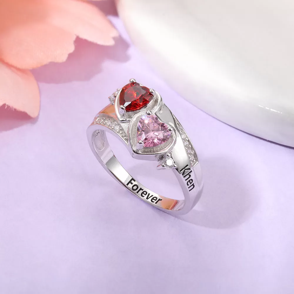 Mother's Ring 2 Birthstones with 2 Engraved Names 925 Sterling Silver