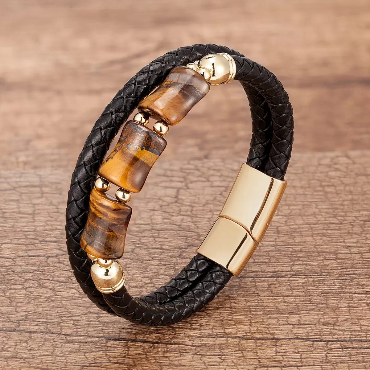 Multilayer Leather Natural Gemstone Stainless Steel Bracelet