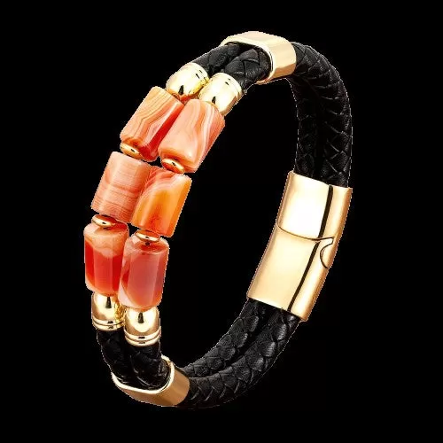 Multilayer Leather Natural Gemstone Stainless Steel Bracelet