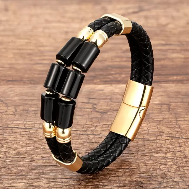 Multilayer Leather Natural Gemstone Stainless Steel Bracelet