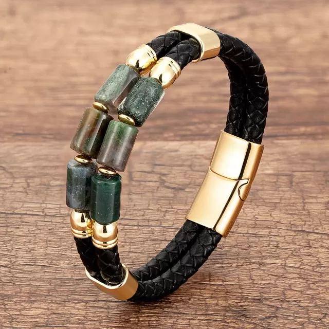 Multilayer Leather Natural Gemstone Stainless Steel Bracelet