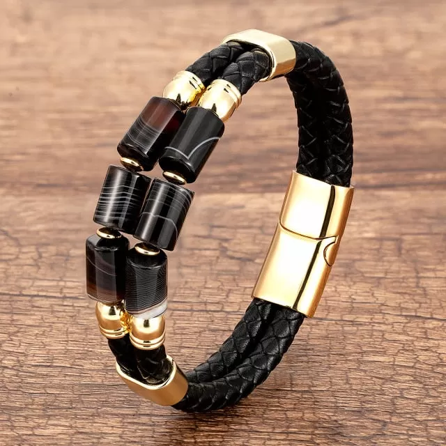 Multilayer Leather Natural Gemstone Stainless Steel Bracelet