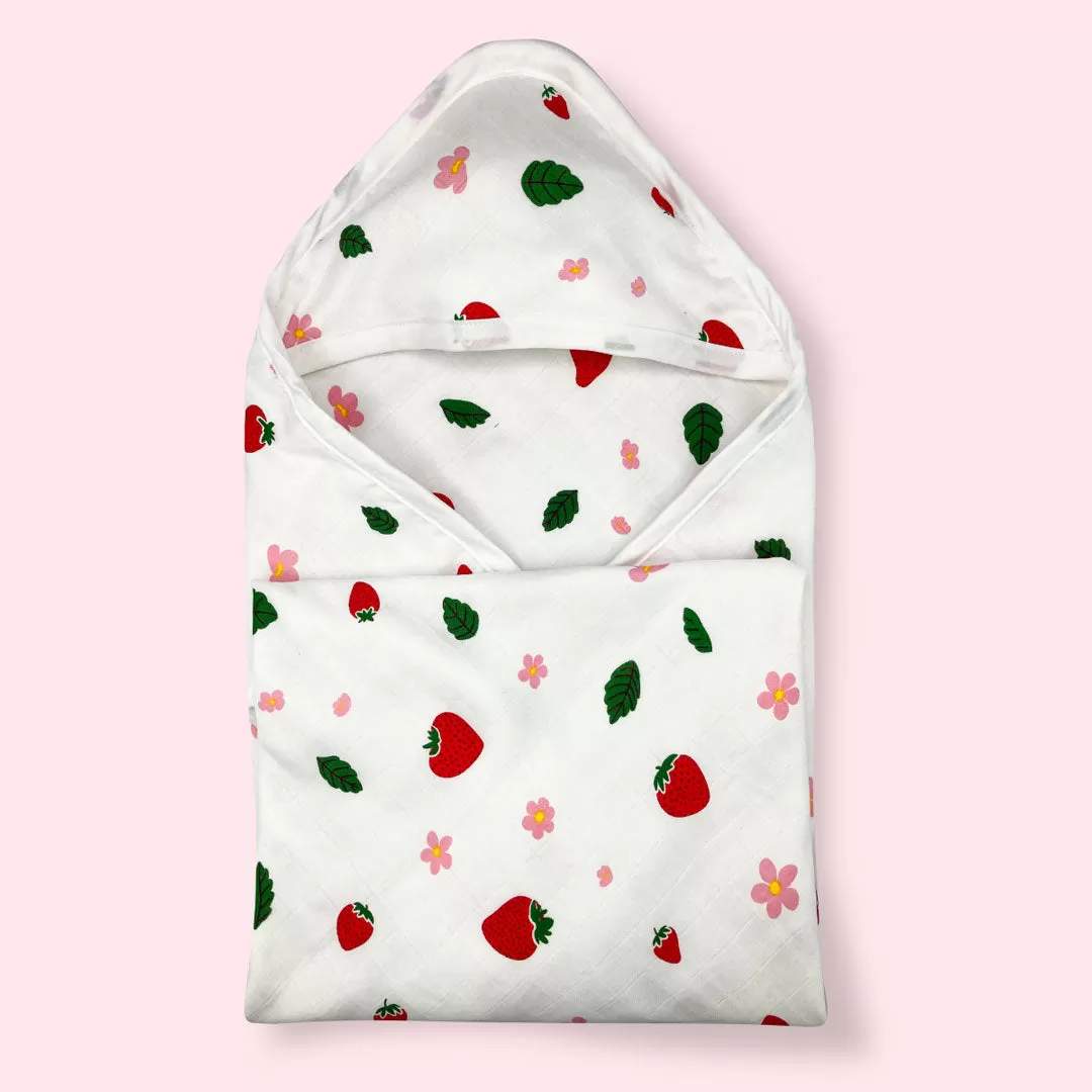 Muslin Hooded Towel for Baby- 6 Layer - 100% Organic Cotton Strawberry