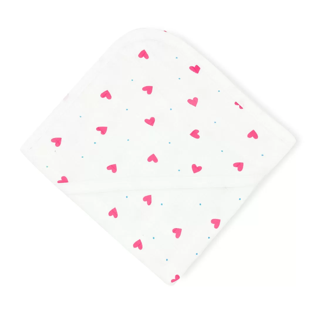 Muslin Hooded Towel/Blanket 100% Organic Cotton- Pink Love