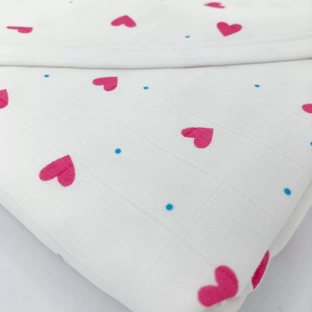 Muslin Hooded Towel/Blanket 100% Organic Cotton- Pink Love