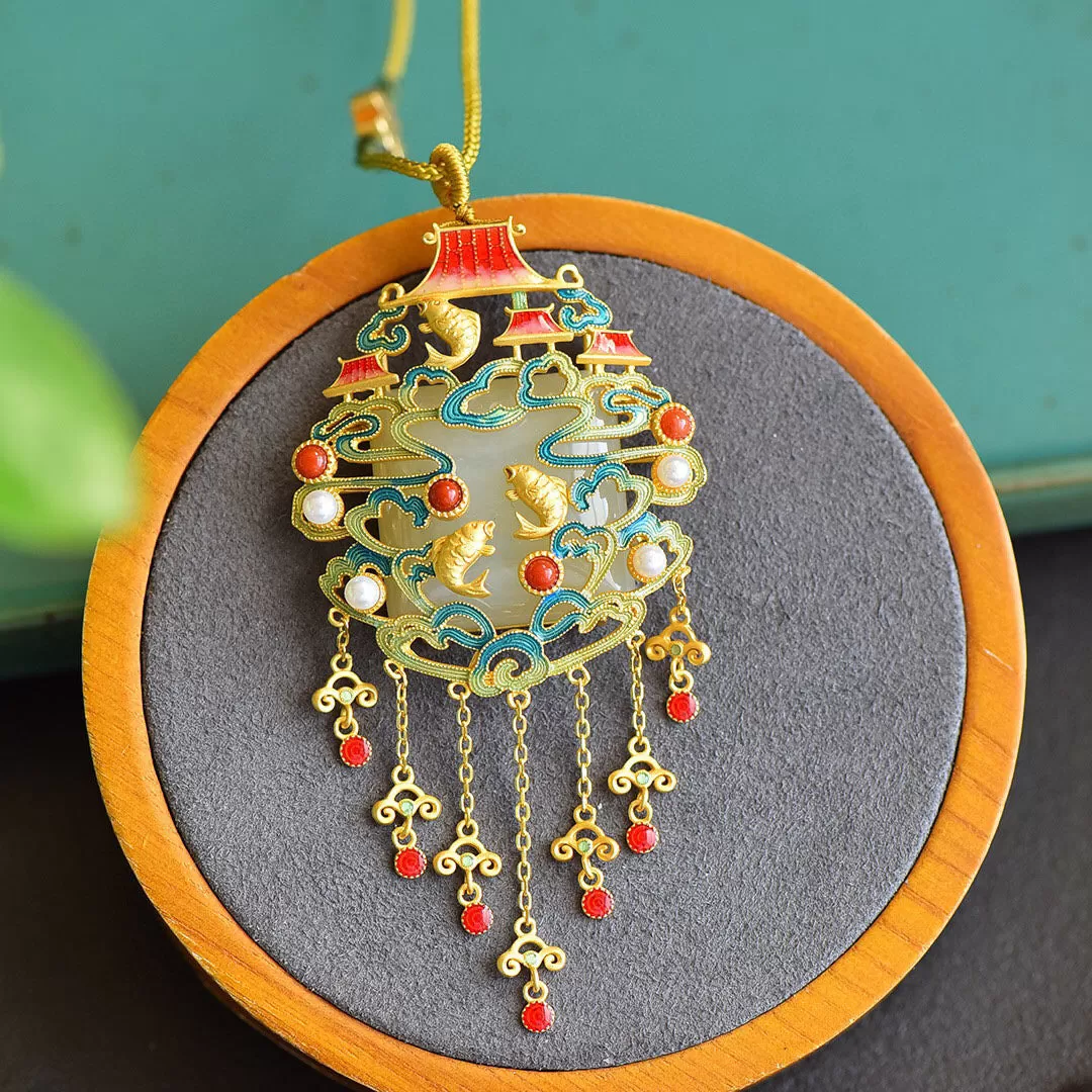 Natural Hetian Jade Temple Coy Fish Tassel Pendant Necklace